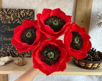 Red Paper Poppy, 4 Red Paper Poppies, Red Artifical Wedding Flower, 1st Anniversary, Fake Poppy Bouquet, Farmhouse Flower, Gift For