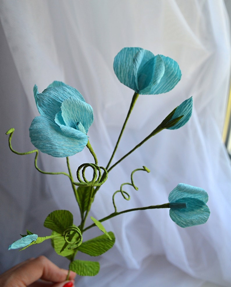 Sweet Pea Vine Paper Flowers Paper Greenery For Bouque Faux green Decorative Branches Crepe Paper Foliage One Stem Vine Wildflower Garden image 7
