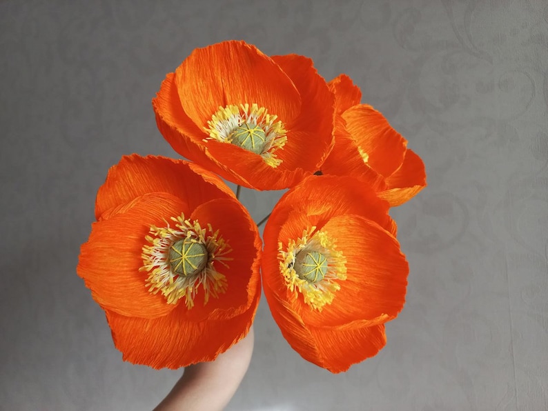 Ensemble de coquelicots en papier orange, bouquet de fleurs en papier, anniversaire en papier, pièce maîtresse de table de mariage, fleurs danniversaire, faux bouquet, bouquet de mariée image 2