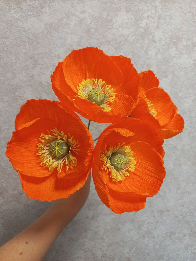 Ensemble de coquelicots en papier orange, bouquet de fleurs en papier, anniversaire en papier, pièce maîtresse de table de mariage, fleurs danniversaire, faux bouquet, bouquet de mariée image 3