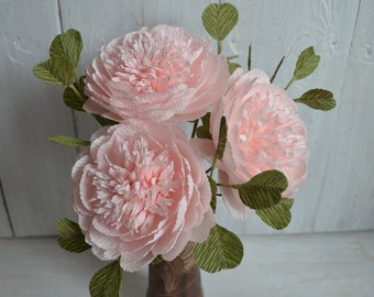 Pivoines en papier roses, cadeaux de première fête des mères, fleurs de pivoines en crêpe, cadeaux personnalisés de fête des mères, anniversaire de mariage en papier, fleurs sauvages,