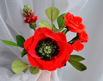 Crepe Paper Flowers Bouquet, Red Paper Poppy, Small Paper Roses, Ukrainian artist, Eternal Paper Flower, Bouquet For Her, Artificial Bouquet