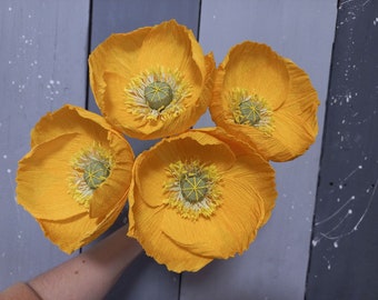 Yellow Paper poppies set, Paper flower bouquet, Paper anniversary, Wedding table centerpiece, Birthday flowers, Fake bouquet, Bridal bouquet