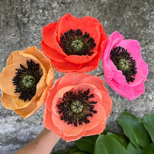 Papavero di carta brillante, 4 papaveri di carta colorati, fiore di nozze artificiale, 1° anniversario, bouquet di papaveri finti, fiore di fattoria, regalo per