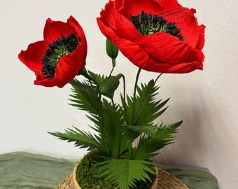 Red Paper Poppy in pot, Gift Gardener, Gift For Mom, Unique Flower, Farmhouse Flower, Housewarming