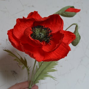 Papavero di carta rosso, fiore artificiale rosso per matrimonio, fiore unico, 1° anniversario, bouquet di papaveri finti, fiori da fattoria, inaugurazione della casa, regalo per