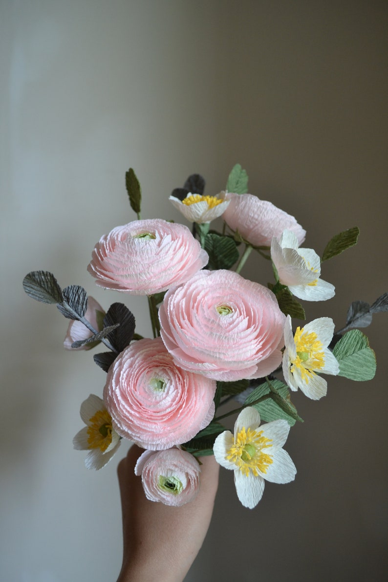 Crepe Paper Flowers, Pink Paper Ranunculus, Fake Bridal Flowers, Large Paper Flower, Luxury Flower Gift, Bouquet Her, Unique Paper Bouquet image 10