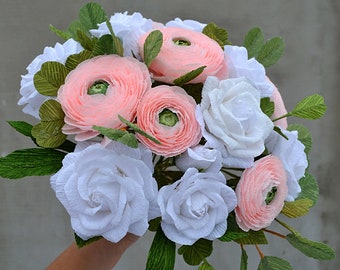 Best Mother Day Design Unique Paper Bouquet Pink Crepe Paper Ranunculus Artificial Flowers Bouquet Wildflower Bouquet White Rose Bouquet