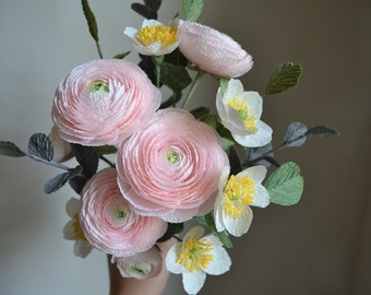 Crepe Paper Flowers, Pink Paper Ranunculus, Fake Bridal Flowers, Large Paper Flower, Luxury Flower Gift, Bouquet Her, Unique Paper Bouquet