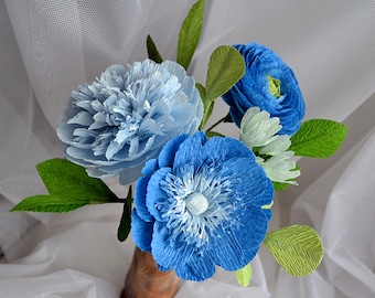 Small Flowers Paper Bouquet, Blue Peonies, Crepe Ranunculus, Paper Anniversary Gift, Fake Flower Bouquet, Crepe Paper Flower, Flower Gift