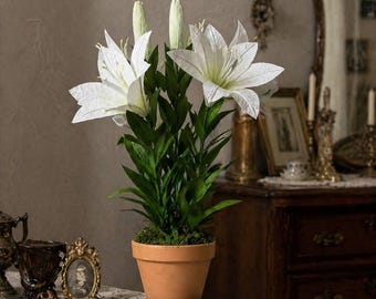 White lily paper in pot Lily Plant Sculpture Gardener Gift Mom Gift Winter Garden Paper Anniversary Gift