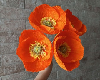 Orange Paper poppies set, Paper flower bouquet, Paper anniversary, Wedding table centerpiece, Birthday flowers, Fake bouquet, Bridal bouquet