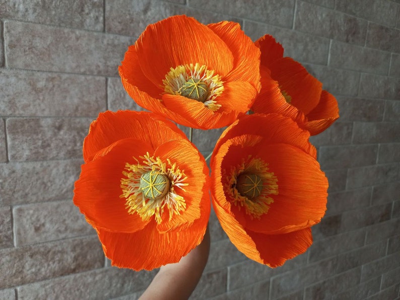 Ensemble de coquelicots en papier orange, bouquet de fleurs en papier, anniversaire en papier, pièce maîtresse de table de mariage, fleurs danniversaire, faux bouquet, bouquet de mariée image 1