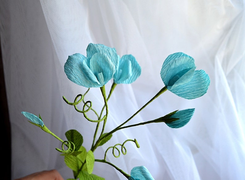 Sweet Pea Vine Paper Flowers Paper Greenery For Bouque Faux green Decorative Branches Crepe Paper Foliage One Stem Vine Wildflower Garden image 1