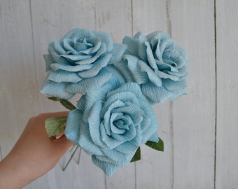 Blue paper roses Dusty rose Paper flowers Fake bridal flowers Paper roses anniversary Large paper flower Maritime wedding