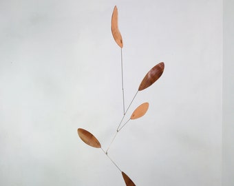 5 Element Figured Cherry Hardwood, Copper Leaf  and Bronze Wire  Hanging Mobile  - 24” h x 14” w