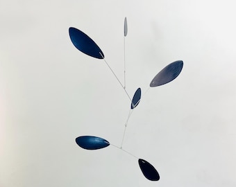 6 Element Cobalt Blue Beech Wood  Hanging Mobile w/ Galvanized Wire.  24” tall x 16” wide x 1.5 oz.