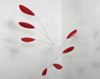 7 Element Steam Bent Maple Hardwood & Gloss Red Hanging Mobile, 7 Element,  - 32" h x 22"w