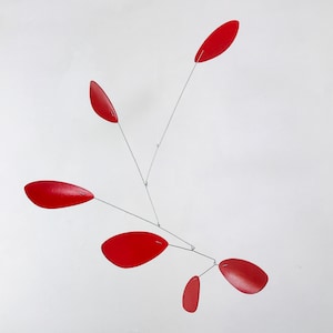 6 Element Red Painted Beech Wood Hanging Mobile,  20” tall x 16” wide