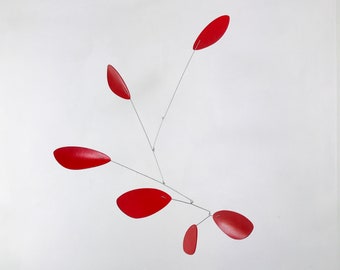 6 Element Red Painted Beech Wood Hanging Mobile,  20” tall x 16” wide