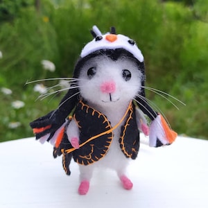 Needle Felted Mouse Figurine: Penguin Hat, Miniature Wool Animal