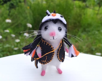 Needle felted miniature mouse in a penguin's hat, a needle felted figurine  animal .