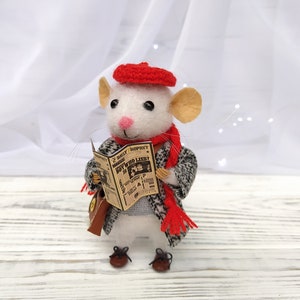 Needle felted white mouse in clothes