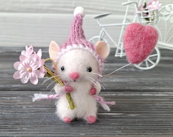 Ratón de fieltro de aguja, figurita de ratón de lana en miniatura, regalo de San Valentín hecho a mano, mini animal de fieltro
