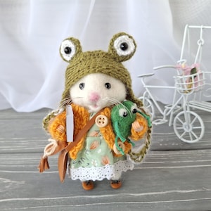 Needle Felted Mouse: Handmade Wool Doll with Knitted Frog Hat