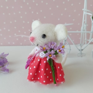 Cute white mouse handmade from natural wool in a dress. Miniature felted animal mouse for birthday