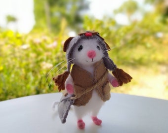 Needle-felted mouse in a dog's hat. White miniature mouse in clothes