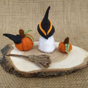 May include: A felt witch with a black hat and orange trim, a broom, and two orange pumpkins with green stems on a wooden slice.