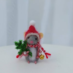 Needle felted miniature gray mouse, Christmas mouse