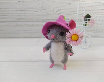 Small gray needle felted mouse in a hat