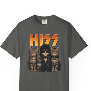 HISS Cat Band Parody T-Shirt - Rocker Tabby Cats in Leather, Unisex Tee, Graphic Shirt, Funny Musician Cat Top, Soft Vintage Shirt