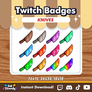 Könnte beinhalten: Zwölf bunte Twitch-Abzeichen in Form von Messern in verschiedenen Größen: 72x72, 36x36, 18x18. Die Abzeichen zeigen ein glänzendes, cartoonartiges Messer mit einem Holzgriff. Die Messer sind in Blautönen, Grüntönen, Rottönen, Orangetönen, Violetttönen und Regenbogenfarben.