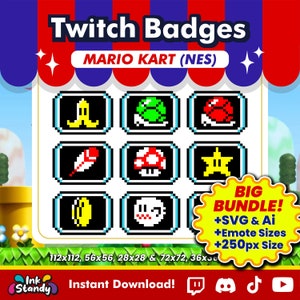 MARIO KART - Twitch Badges & Emotes | Youtube Discord | snes item Roulette | Pixel 8 bits | Game Assets | SVG Bundle Pack Clipart Cricut