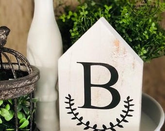 Personalized Reclaimed Wood House Decor • Rustic Monogram Initial Sign • Tiered Tray Accent