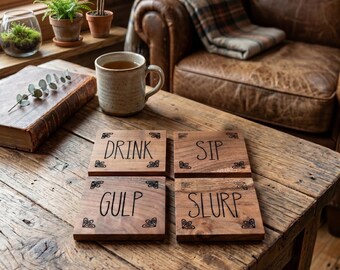 Engraved Acacia Wood Coaster - Set of 4 | 4x4 Rustic Drink Coasters | Housewarming Gift