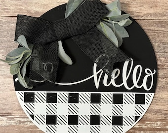 14in Rustic Hello Door Hanger | Black and White Buffalo Plaid Sign | Farmhouse Entryway Decor
