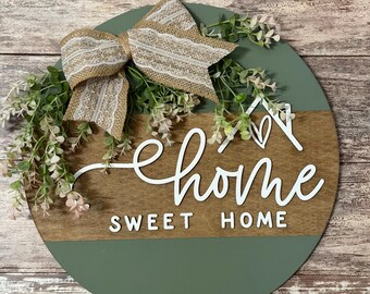 14in Home Sweet Home Door Sign | Farmhouse Round Wood Door Hanger | Porch Decor