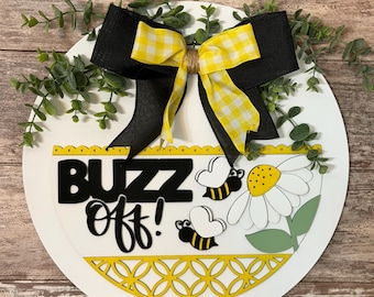14in Buzz Off Bee Door Hanger | Funny Farmhouse Sign | Round Wood Sign