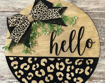 14in Rustic Hello Door Sign | Leopard Print Farmhouse Decor | Round Wood Door Hanger