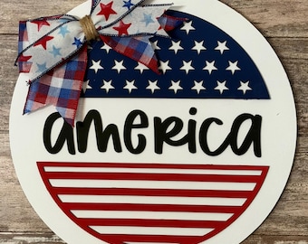 14in Rustic America Door Sign | Red White Blue Farmhouse Decor | Patriotic Porch Hanger