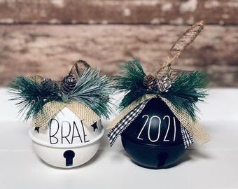 Personalized Ornament | White Jingle Bell | Black and White Ornament | Rustic Pine Accent | Farmhouse | Christmas Ornament