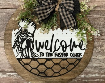 14in Funny Farmhouse Sign | Welcome Door Hanger | Rustic Chicken Decor for Porch or Door