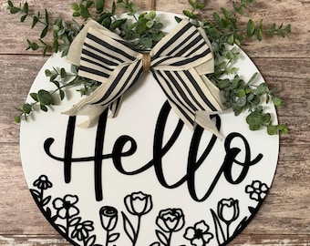 14in Hello Door Hanger | Round Wood Sign | Modern Farmhouse Decor