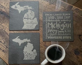 Michigan Engraved Slate Coaster Set | 4x4 Slate Coasters | Set of 4 | State Symbols | Housewarming Gift | Handmade Décor