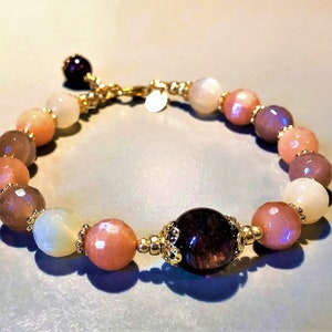 Super Seven and Moonstone Power Gemstone Bracelet in Gold 3rd 10th Anniversary February April June Birthstone Gift for Her Gift for Mother