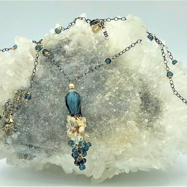 Opal Blue Topaz Green Amethyst Prasiolite Iolite Moonstone Lampwork Cluster Flower Gemstone Necklace in Gold and Silver Gift for Her